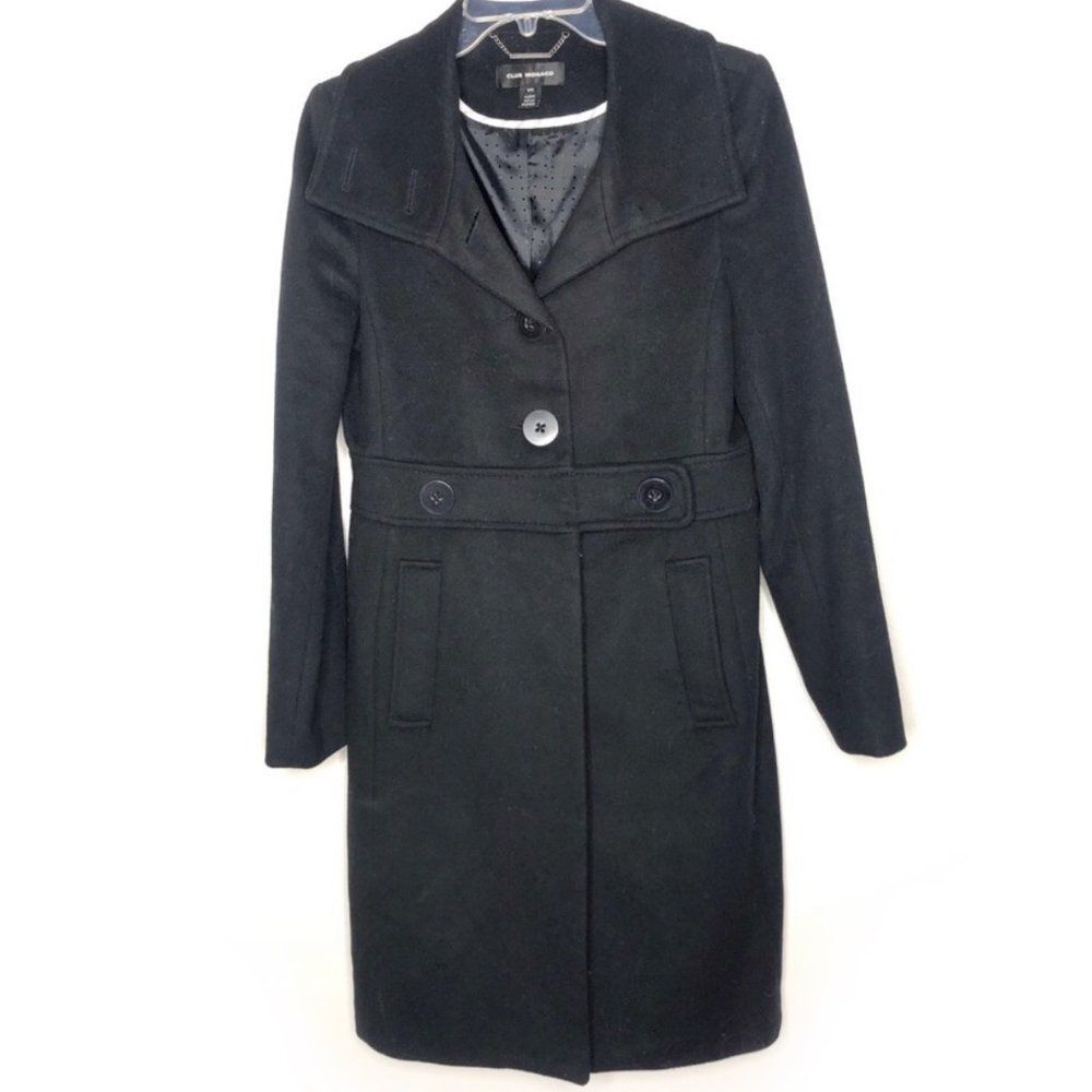 Club Monaco Wool Funnel Neck Trench Coat Button Black Medium $349